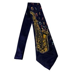 #6654 Fratello Navy Blue with Saxaphone and Music Notes Mens Necktie, Tie